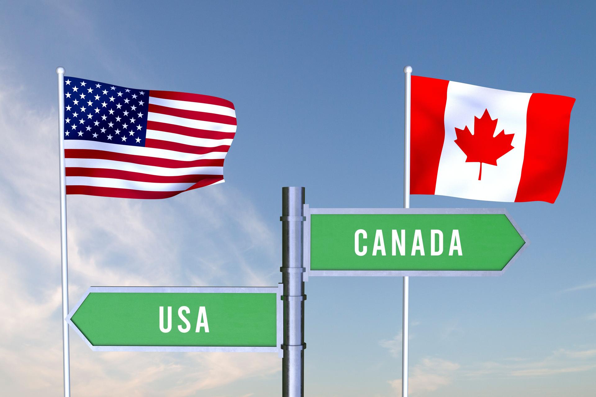 Sign indicating the direction of the borders between two countries Usa,Canada,3D RENDERING