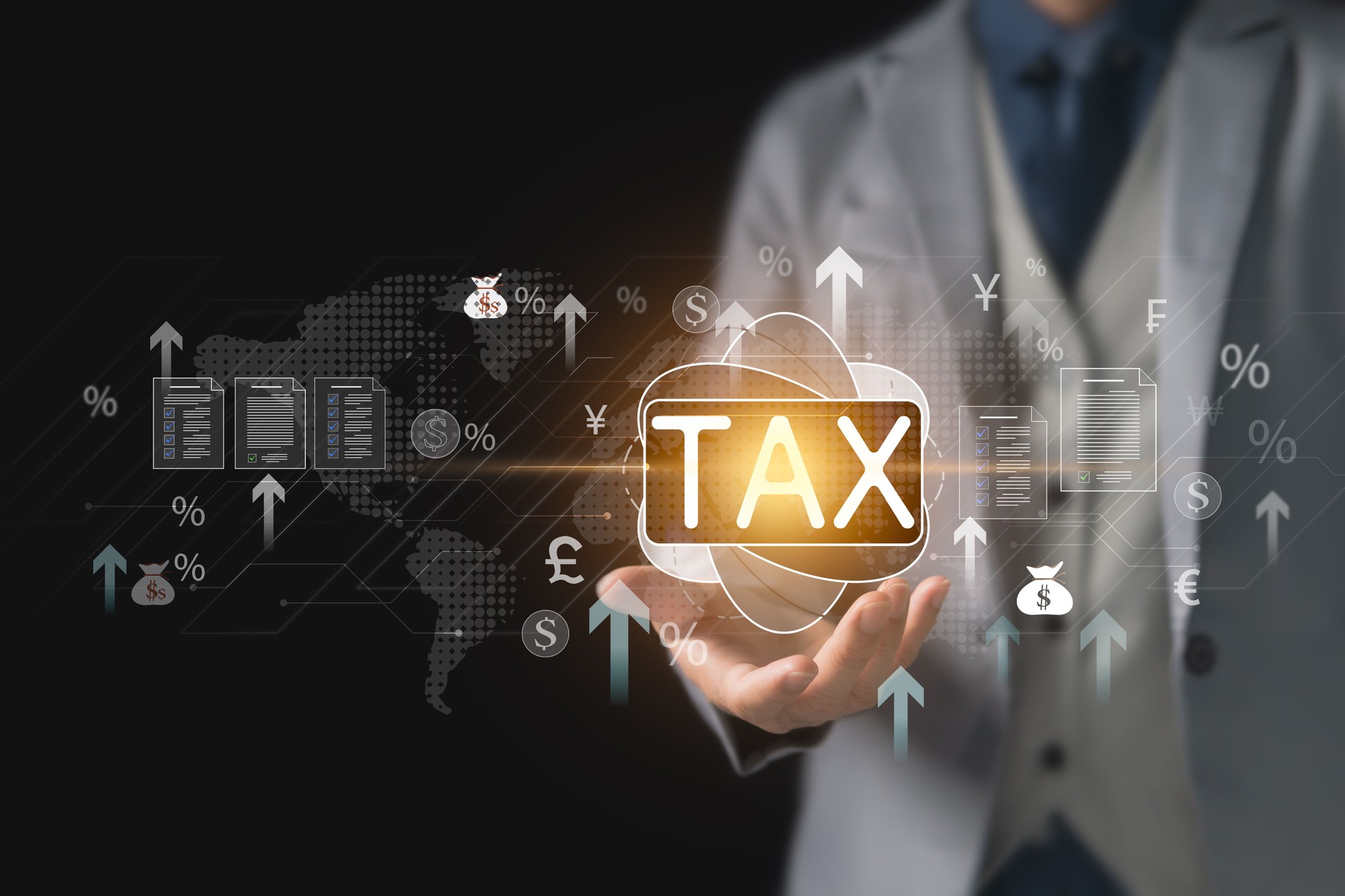 Income tax concepts, personal income tax deduction planning, debt management financial strategies, annual percentage increases, tax rates, currency exchanges worldwide digital financial form documents